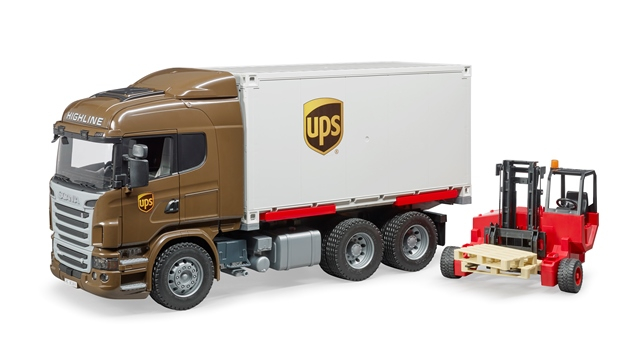 BRUDER Scania R-Serie UPS Logistik-LKW mit Mitnahmestapler